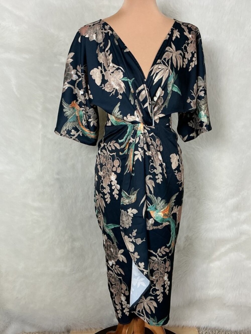 Hope & Ivy Gray Blue Bird Floral Kimono Sleeve Twist Wrap Front Dress NWT 6